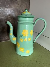 Grande Cafetière tôle émaillée vert fleurs avec filtre et couvercle bec courbe