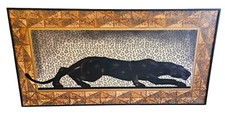 HUGE Art Deco Style Black Panther Vintage Canvas Painting Framed 60"x30" MCM Art