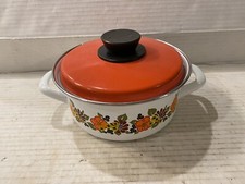 Vintage Austria Email Orange Floral Enamel Saucepan/Casserole Dish With Lid Bx38
