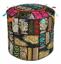 Patchwork Black Cotton Ottoman Pouf Cover Round Embroidered Pouffe Footstool