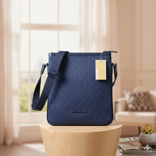 NWT Michael Kors Navy Blue Monogram Embossed Crossbody Messenger/electronics Bag