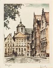 Roger HEBBELINCK  Vintage Etching "Bruges" -- Signed -- St. Walburga Church