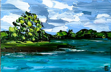 Peinture à l'huile étang arbres décoration murale ciel rivière art original...