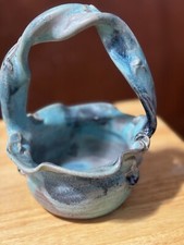 Buie Pottery Gatlinburg Tennessee Smoky Mt 7.75” Basket Blue and Teal Handmade