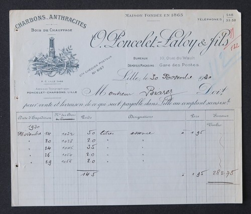 Facture lille 1920 charbons - lille,