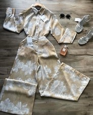 ZARA beige Floral satin Shirt & Matching Trousers Co Ord Set Size S