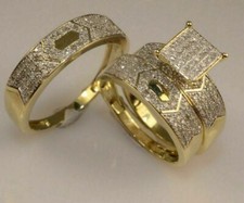 3Ct Simulé Diamant Mariage pour Lui & Elle Trio Bague Parure 14k or Jaune Plaqué