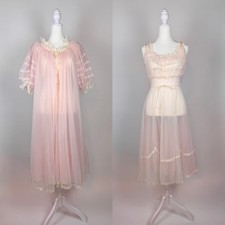 1950s Radcliffe Pink Chiffon Slip and Robe Peignoir Two Piece Set