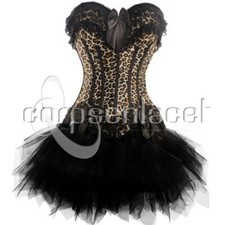 ENSEMBLE CORSET BUSTIER SERRE-TAILLE JUPE TUTU DENTELLE TULLE SEXY NOIR/LEOPARD
