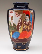 Vintage Satsuma Vase, Cobalt Blue, Hexagon Traditional Painted Design, Japanese.
