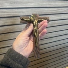 French Wall cross 6” Art Deco Hartmann Bronze Wood Mid Century Crucifix Christ