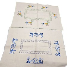 Vintage Table Placemats Colorful Oriental Horse Buggy Cross Stitch Embroidery