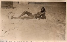 BK314 Vintage Photo Card RPPC Woman Beach Tanning Unusual Pin-up