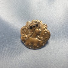 Beautiful Antique Brass & Gemstone Profile Woman Art Nouveau 1900 Small Brooch
