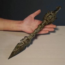 Dague rituelle tibétaine bronze laiton 35 cm – Phurba Vajra Dorje – Art Asie