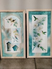 Vintage Set Of Carved Stucco On Canvas Bird Paintings Raised Relief By Connie...