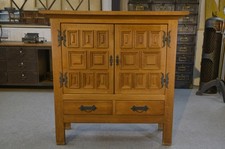 1960's Solid Oak Wrought Iron 2 Door 2 Drawer Cabinet Rustic Style