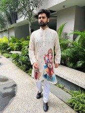 Ganesha Imprimé Kurta pour Hommes Indien Ethnique Vêtement Créateur Coton Soie