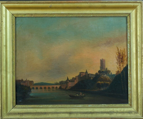 Tableau ancien paysage - , animé