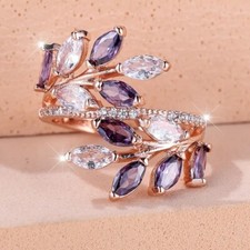 Bague anneau feuilles cristal swarovski mauve lilas plaqué or jaune