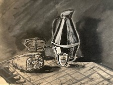 Beautiful drawing 1950 still life meal table bread ink to identify art jug