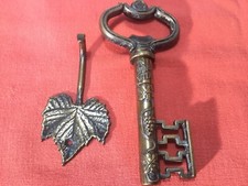 Antique Brass Key Shaped Corkscrew with Hook Vine Leaf