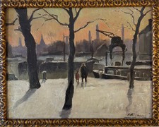 Dawn landscape with barges -HSC signed Piet VOLCKAERT (1901-1973)-Brussels