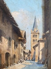 Painting & Oil On Canvas Village & House Church & Bell Tower Painting