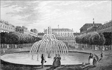 PARIS - BASSIN & JET d'EAU du JARDIN du PALAIS ROYAL - Gravure du 19eme siècle