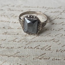 Bague Ancienne 1920 Art Deco Hematite Marcassites Argent T57