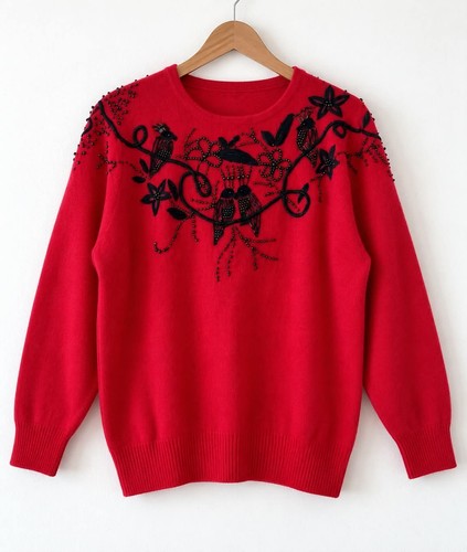 Pull floral oiseau - , perlé