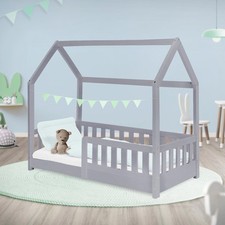 Lit pour enfants en bois de pin cabane gris avec barriere anti-chute 140x70 cm