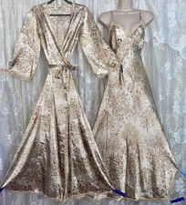 VTG M L Tall Floral FALL THEME Silky SATIN Wrap Peignoir Robe Nightgown Gown Set