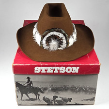 Vintage 70s Stetson 4X Beaver Durant Brown Cowboy Hat 7-3/8 with Feathers & Box