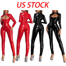 Womens Shiny PVC Leather Bodysuit Catsuit Latex Tight Zipper Jumpsuits Clubwear