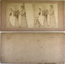 Woman Cleaning Near Her Husband, Vintage Albumen Print, ca.1870, Stereo