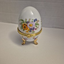 Vintage Floral Porcelain Footed Egg Shaped Trinket Dish Hinged