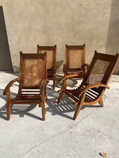 Vintage 1950s Wooden Cane and Slat Armchairs Set Of 4
