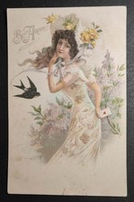 POSTCARD WAFFLE POSTCARD FRANCE GOOD YEAR WOMAN FLOWERS BIRD OLD CARD 0049