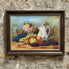 Ancien Tableau Huile sur Toile - Nature Morte aux Roses et aux Fruits - Signé