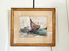 Ancien Tableau Aquarelle Mer Bateau Pêche Marine Signé RAYMONDE HACKER 1945
