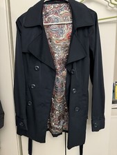 Vertigo Paisley Lined Trench Coat Jacket Hip Double Breasted Belted Navy Blue XS