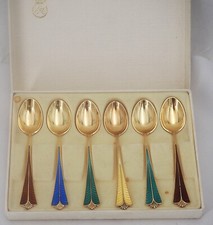 6 mocha spoons, coffee, vermilion and enamel color, solid silver Norway.