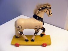 Antique Small Wooden Wheeled Pull Horse Covered.