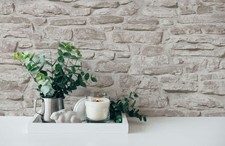 Papier Peint Végétal Rustique Effet Pierre Mur En Brique – Greige, Gris, Blanc