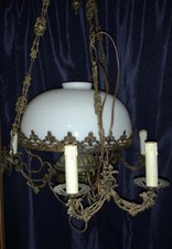 Parlor Library Ceiling Chandelier Brass Bronze Glass Oil Light 34” X 24”