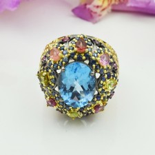 Bague ovale en argent sterling 925 véritable topaze bleue pierres...