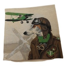 HOUSSE  COUSSIN TAPISSERIE CHIEN WHIPPET AVIATEUR DÉCORATIF 