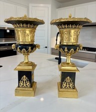 Pair Of Bronze Empire Ormolu Gilt & Patinated Urns Brule Parfums Attrib Thomire