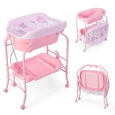 Table à Langer Bébé avec Baignoire 20L Pliante 4 en 1 Coussin en PVC 4 Roues Un